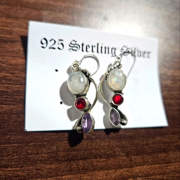 Moonstone Garnet & Rose Quartz Gemstone Earring 925 Sterling Silver - Picture 7 of 7